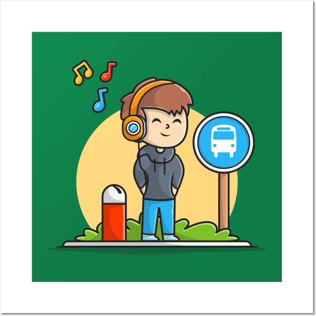 Happy Boy Listening Music with Heaphone and Waiting The Bus in Halte Cartoon Vector Icon Illustration Wall Art by Catalyst Labs